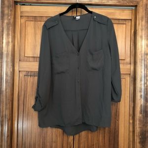 Gray, chiffon button up dress shirt